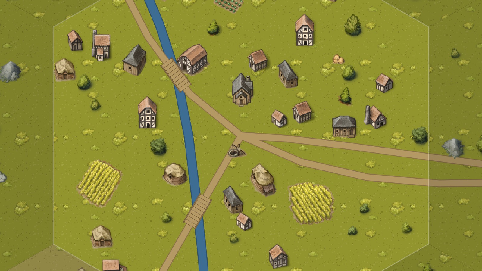 An invented riverside village in HexAtlas, with houses, farmland, trees, connecting roads, and a wooden bridge.