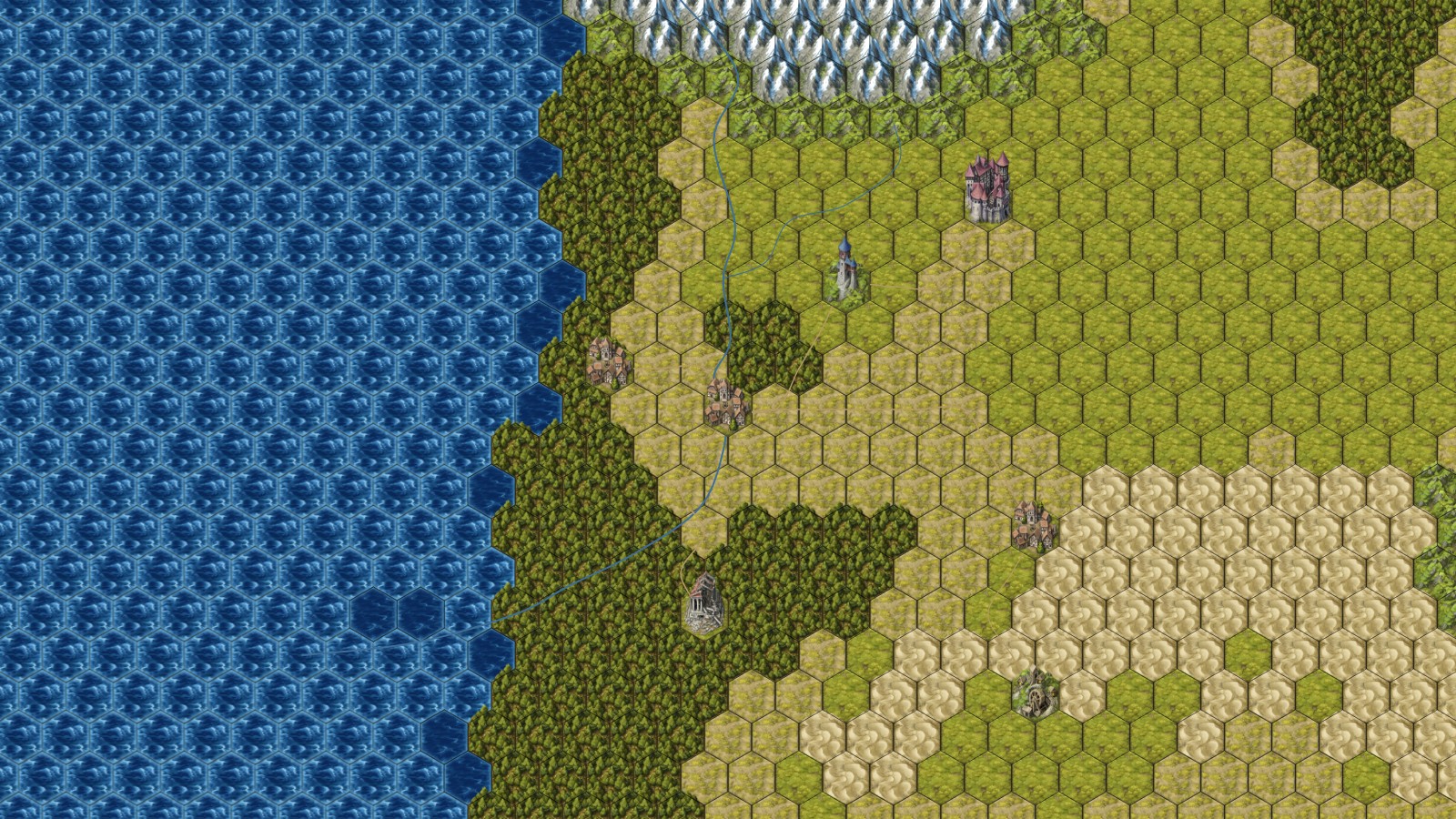 The same location in the Country layer, showing individual terrain hexes, settlements, towers, and ruins