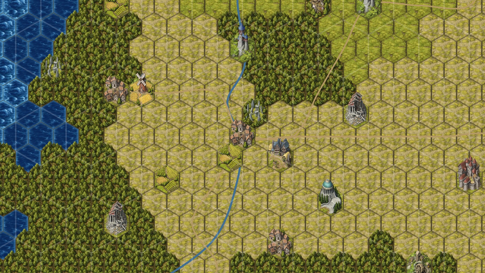 Region subhexes around the same village, with more villages, farms, ruins, shrines, and paths inside the larger hexes