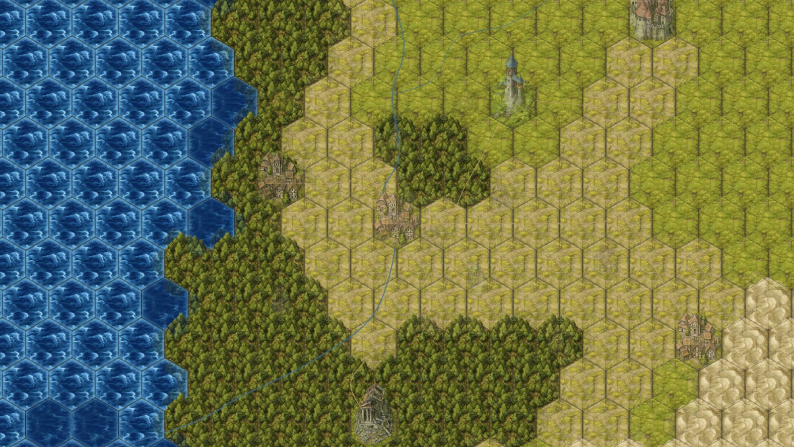 An invented sample world in the Fantasy style, showing a winding river, connected earth-colored roads, forest, hills, and several landmarks.